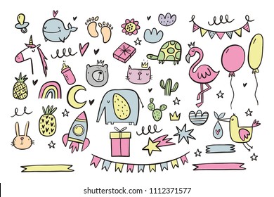 Cute element for baby shower invite. Cat, flamingo, bunny, cloud, star, gift, heart, bear, cacti, elephant