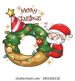 Cute element Christmas clipart. Cute character cartoon. Little Santa Claus hugs a Christmas donut. Merry Christmas text and gold sparkle. Vector illustration.