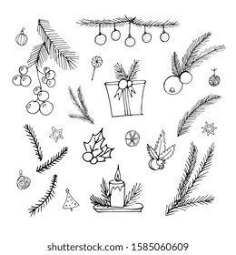 Cute element in doodle style christmas set: spruce branch, gift box, mistletoe, garland. Hand drawn vector illustration. Elements new year greeting cards, posters, stickers decoration decor. Isolated