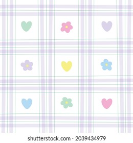 Cute Element Heart Flower Rainbow Pastel Gingham Pattern Editable Stroke. Cartoon Illustration Cloth, Mat, Fabric pattern, Textile, Scarf, Wrapping Paper.
 