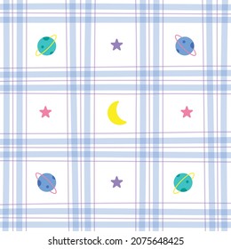 Cute Elemento Night Sky Moon Star Sparkle Gradient Blue Green Purple Gingham Pattern Editable Stroke. Ilustración de dibujos animados, estera, tela, mechón, papel de envolvimiento.
