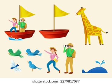 Cute element set of paper cut style illustration of world book day. Including explorers, red boat with yellow flag and paper art style animals isolated on cream background.