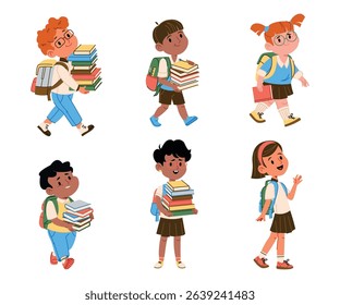 Cute elementary boys and girls kids in uniform with backpacks carrying books greeting time back to school set isolated on white background. Schoolboy and schoolgirl juniors vector illustration