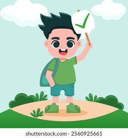 Cute Elementary school boy Carrying Right answer with big smile, around green nature