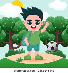 Cute Elementary school boy Carrying ball with big smile, around green nature, go back to school