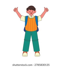 Cute elementary school boy character with backpack and coiffure giving a double thumbs up pose. Happy male student character for back to school education concept illustration.