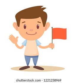 Cute Elementary School boy or Student Holding Red Flag, Cartoon Vector Illustration