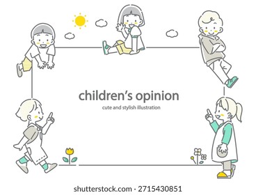 Cute elementary school children frame - Stylish and cute line drawing illustration