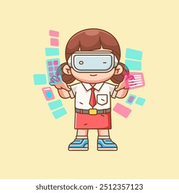 Cute elementary school girl interact virtual reality glasses vr kawaii chibi character mascot outline style set
