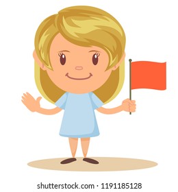 Cute Elementary School Girl Student Holding Red Flag, Cartoon Vector Illustration