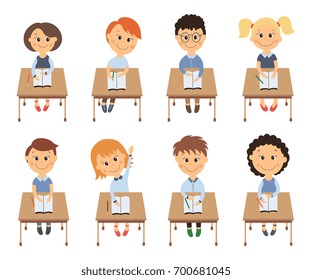 Cute elementary school kids in classroom sitting at lesson, flat cartoon vector illustration isolated on white background. Kids in classroom, students of elementary, primary school