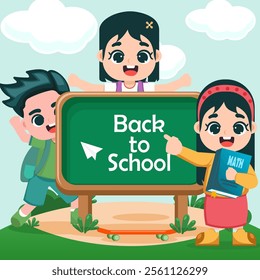 Cute Elementary school kids with greenboard, back to school with happy face