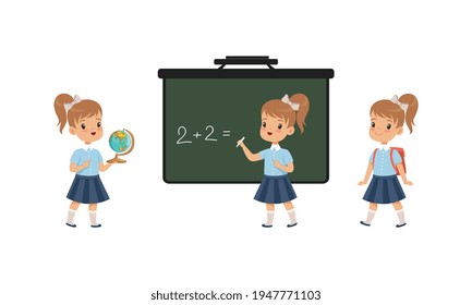 Cute Elementary School Students Studying at School, Adorable Girls Standing on front of Blackboard, Back to School Concept Cartoon Vector Illustration