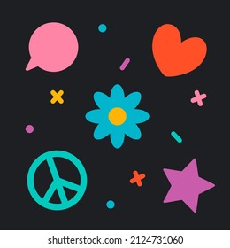 Elementos cortos con estilo de los años 90. Corazón, flor, símbolo de paz, estrella. Ilustración del vector