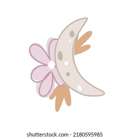 Cute elements for baby design, twig, flower, moon, crescent in pastel. Flat, scandinavian vector illustration for nursery