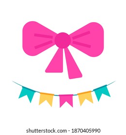 Cute elements collection for children. Bow, ribbon, flags, decor. Decoration set in pink, yellow, blue colors. Vector scrapbook stock illustration isolated on white background
