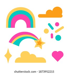 Cute elements collection for children. Rainbow, clouds, shooting star, glitter, heart. Decoration set in pink, yellow, blue colors. Vector scrapbook stock illustration isolated on white background