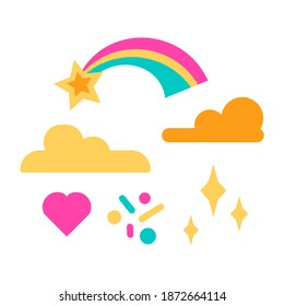 Cute elements collection for children. Star, clouds, shooting star, glitter, heart. Decoration set in pink, yellow, blue colors. Vector scrapbook stock illustration isolated on white background