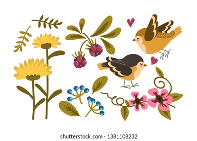 Cute elements collection of a couple of cute elements collection of a couple of little birds with tiny hearts, flowers branches, leaves and berries on white color background. Vector illustration.