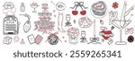 Cute elements decorated with coquette bows, ribbons. Flowers, cherry, hearts, champagne and martini. Elegant vintage woman in glass of martini. Hand drawn line art vector illustrations for wedding.