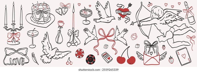 Cute elements decorated with coquette bows, ribbons and doves. Flowers, cherry, hearts, champagne and martini. Elegant vintage angel with bow. Hand drawn line art vector illustrations for wedding.