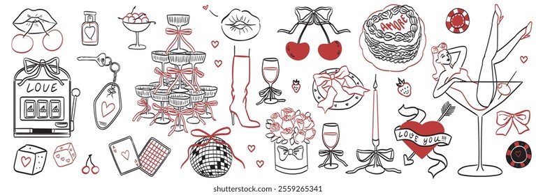 Cute elements decorated with coquette bows, ribbons. Flowers, cherry, hearts, champagne and martini. Elegant vintage woman in glass of martini. Hand drawn line art vector illustrations for wedding.