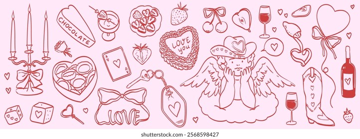 Cute elements decorated with coquette bows, ribbons and hearts. Cupid in cowboy hat, cherry, hearts, wine and cake. Elegant vintage angel on cloud. Hand drawn line art vector illustrations for wedding