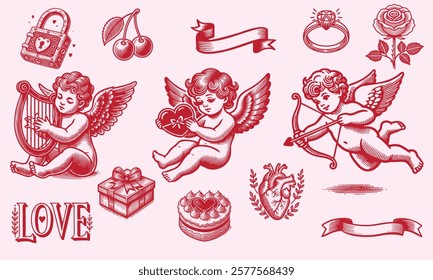 Cute elements decorated with Cupids, cherry, heart, ring, padlock, cake and gift box. Elegant vintage angel with bow. line art vector illustrations for wedding