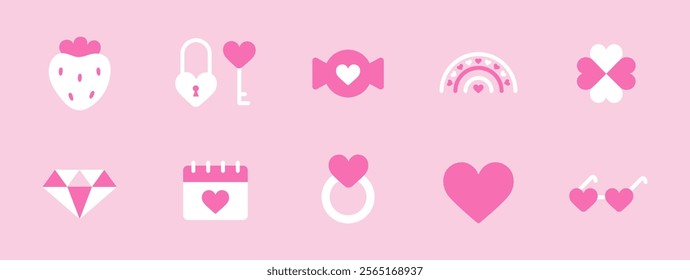 Cute elements decorated with hearts. Strawberry, Candy, Cupcake, Rainbow, Clover, Ring, Diamond, Heart Glasses. Hand drawn vector illustrations for wedding, birthday, Valentines Day. Pink icons