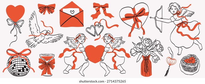 Elementos bonitos decorados com arcos caprichosos, fitas e coração. Cupido feminino elegante, flores, bolo. Ilustrações vetor de arte desenhada à mão vintage para convite de cartão de dia de casamento ou namorados.