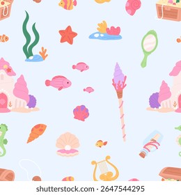 Cute elements, fish, treasure, underwater princess castle with seashells. Cartoon fairy tale seamless pattern, mermaid elements vector background