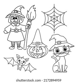 Elementos personalizados para el vector de ilustración de la página de coloreado de dibujos animados de Halloween. Para los niños coloreando el libro.