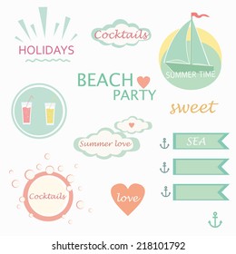 Cute elements, labels, logos, summer holiday, sea vector on white background