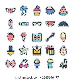 cute elements line fill style icon set design, Kawaii expression character funny emoticon and childhood theme Vector illustration
