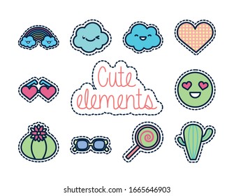 cute elements line fill style icon set design, Kawaii expression character funny emoticon and childhood theme Vector illustration