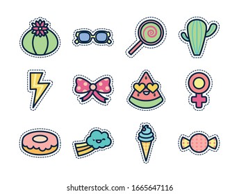 cute elements line fill style icon set design, Kawaii expression character funny emoticon and childhood theme Vector illustration