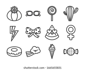 cute elements line style icon set design, Kawaii expression character funny emoticon and childhood theme Vector illustration