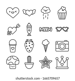 cute elements line style icon set design, Kawaii expression character funny emoticon and childhood theme Vector illustration