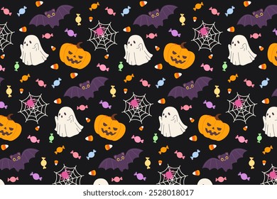 Lindo patrón de Elementos para la decoración de Halloween. Ilustración de fantasma espeluznante, Jack O Lantern, murciélago, araña y caramelos sobre fondo oscuro. Patrón para el Fondo de pantalla, papel de embalaje, Anuncio, textil.