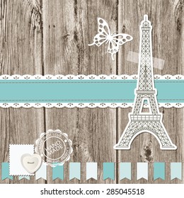 Cute elements for scrapbook design on wooden background.