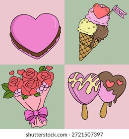 Elementos lindos para la decoración del día de San Valentín, diseño de la tarjeta, y diseño de fondo.