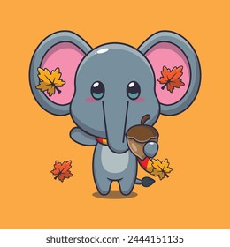 Cute elephant with acorns at autumn season. Mascot cartoon vector illustration suitable for poster, brochure, web, mascot, sticker, logo and icon.