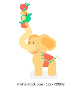 Cute elephant acrobat juggler. Pet holds juicy apples. Balance. Circus artist, theater. Cartoon flat style. Colorful hand drawn vector stock illustration. 