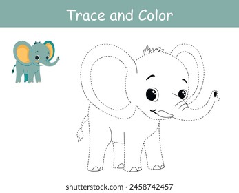 Cute elephant, african animal trace and coloring book or coloring page. Vector illustration