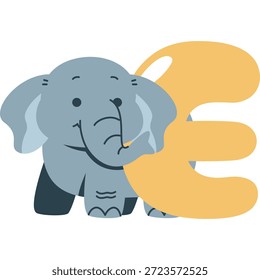 Letra de alfabeto de elefante bonito E ilustração para a educação infantil, amigável vetor de desenhos animados animal para aprender cartas e decoração infantil.