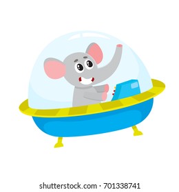 Cute elephant animal astronaut, spaceman character flying in spaceship, spacecraft, cartoon vector illustration isolated on white background. Funny elephant astronaut, spaceman in flying in spaceship