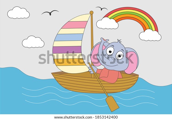 cute elephant animal cartoon  with boat\
,simple vector\
illustration
