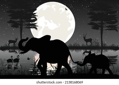 cute elephant animal and moon silhouette