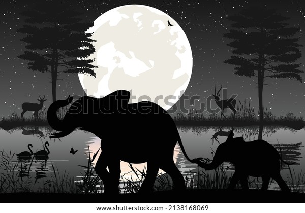 cute elephant animal\
and moon silhouette