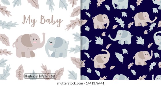 cute elephant animal seamless pattern with illustration card set